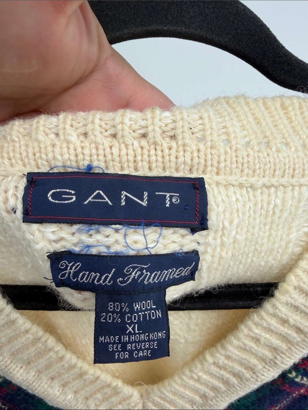 Vintage 90'S GANT wool cotton Hand Framed V-neck cable knit pullover sweater XL - Picture 7 of 8